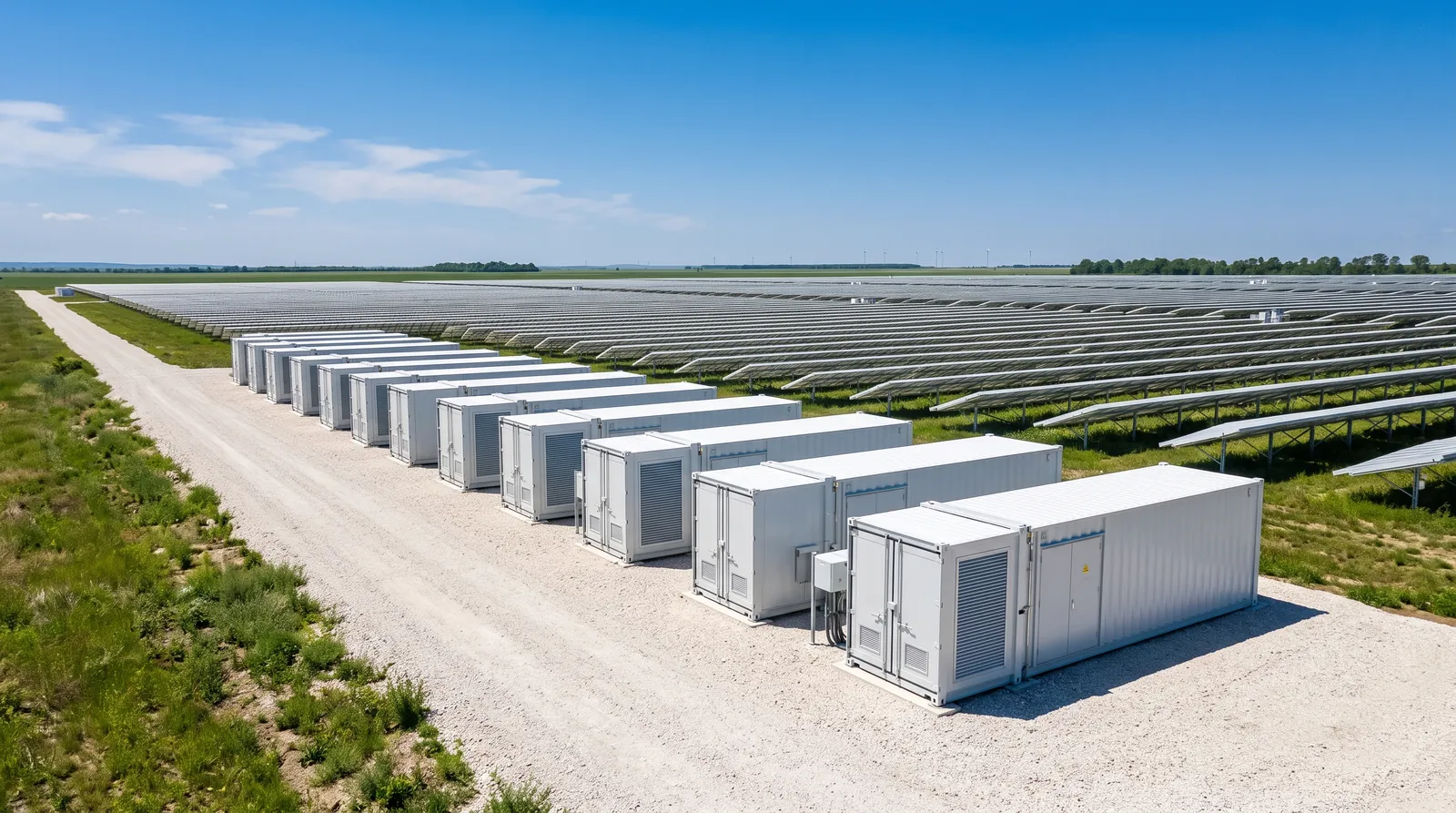 Illustrative solar park with light-coloured battery storage units on a sunny day
