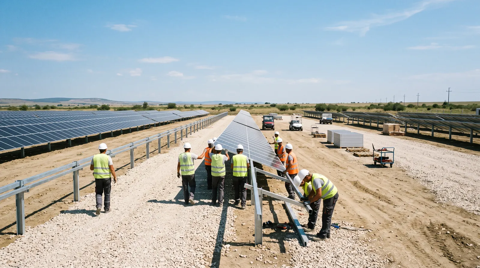 Illustrative crew installing solar panels