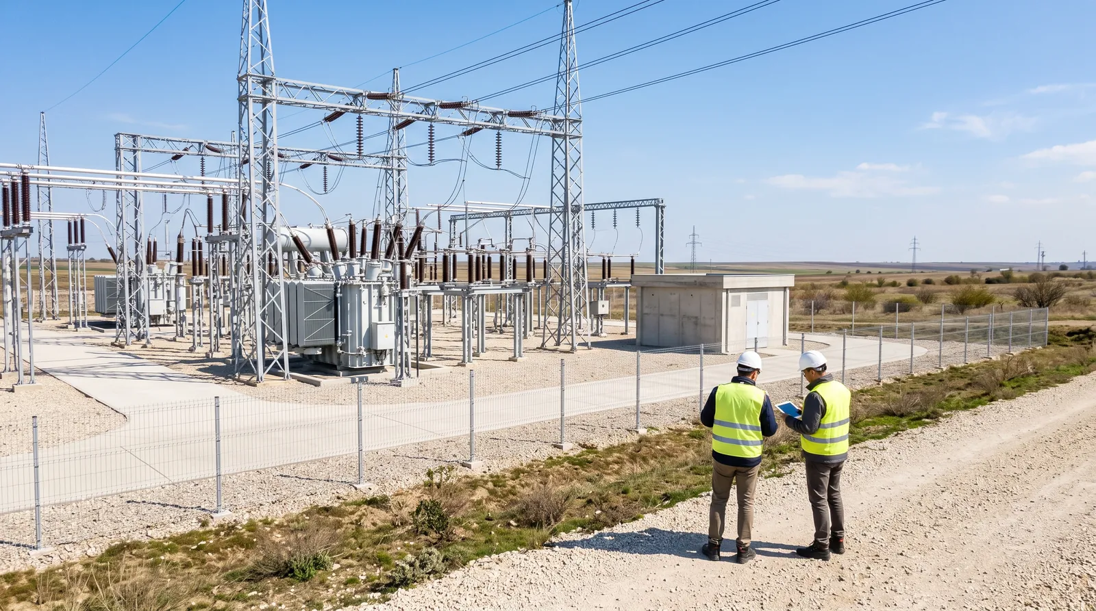 Illustrative engineers reviewing plans beside a substation